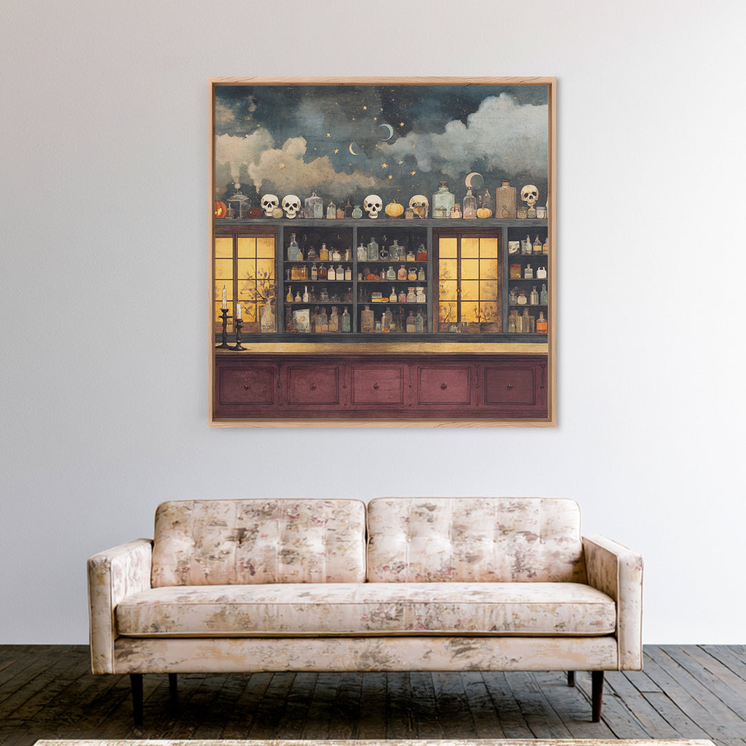 The Candlelit Skull Apothecary - Surreal Celestial Vision, Macabre Halloween Art, Square Wall Art, Framed Canvas Print, Halloween Home Decor