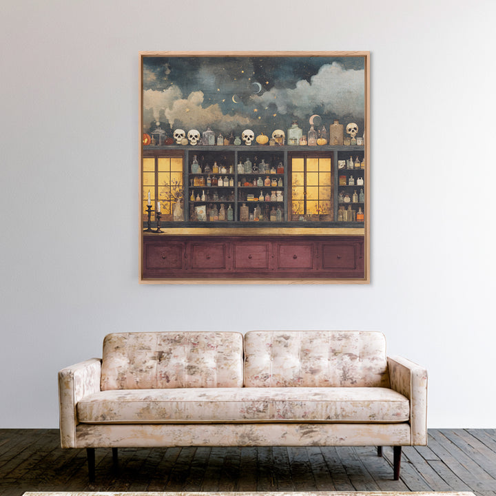 The Candlelit Skull Apothecary - Surreal Celestial Vision, Macabre Halloween Art, Square Wall Art, Framed Canvas Print, Halloween Home Decor
