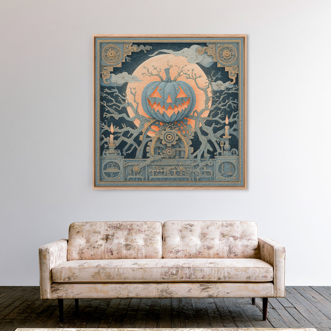 The Clockwork Jack-O-Lantern - Icon Portrait, Macabre Halloween Art, Square Wall Art, Framed Canvas Print, Halloween Home Decor