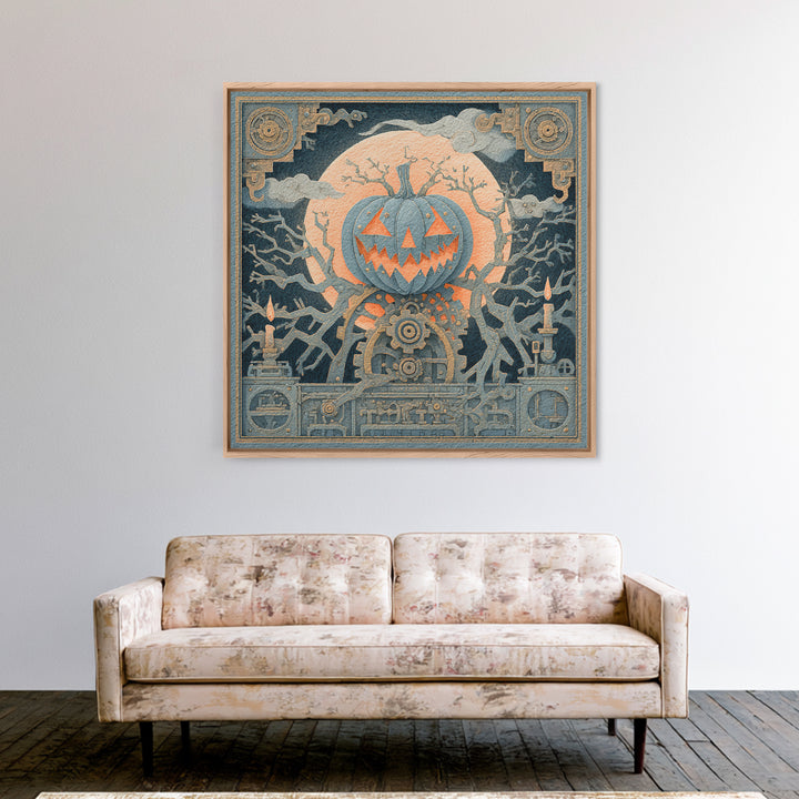 The Clockwork Jack-O-Lantern - Icon Portrait, Macabre Halloween Art, Square Wall Art, Framed Canvas Print, Halloween Home Decor