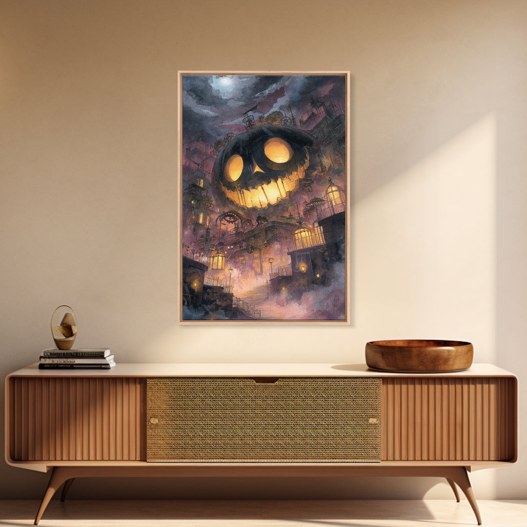 The Clockwork Jack-O-Lantern - Environmental Panorama, Macabre Halloween Art, Vertical Wall Art, Framed Canvas Print, Halloween Home Decor