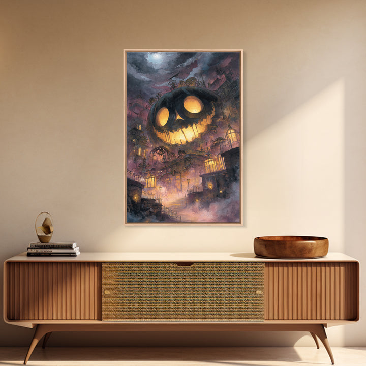 The Clockwork Jack-O-Lantern - Environmental Panorama, Macabre Halloween Art, Vertical Wall Art, Framed Canvas Print, Halloween Home Decor