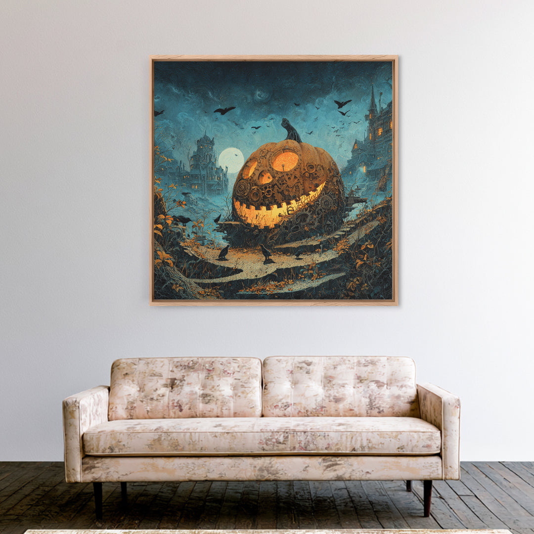 The Clockwork Jack-O-Lantern - Environmental Panorama, Macabre Halloween Art, Square Wall Art, Framed Canvas Print, Halloween Home Decor