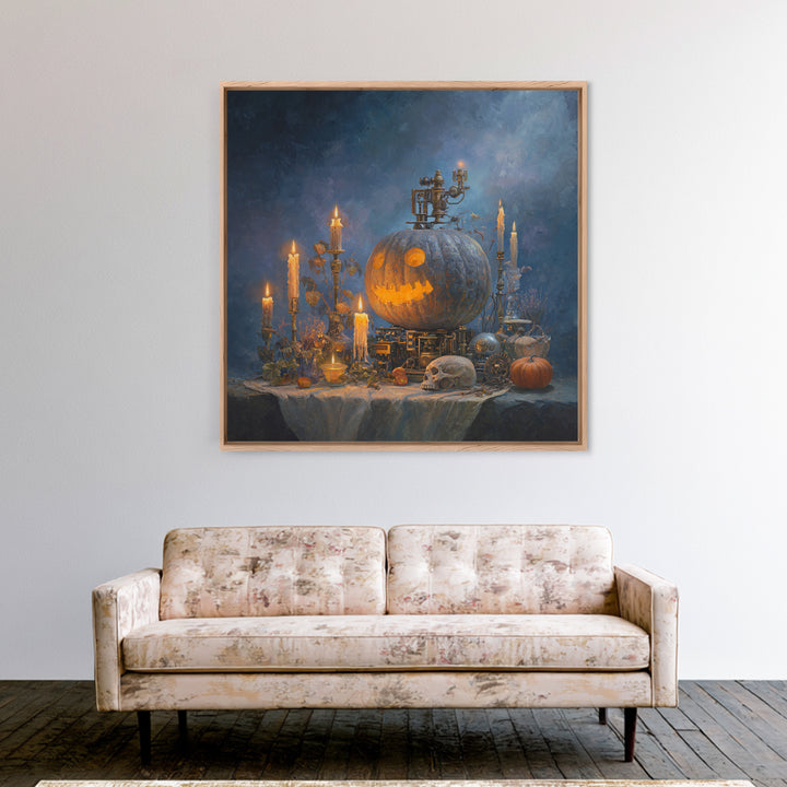 The Clockwork Jack-O-Lantern - Occult Still Life, Halloween Wall Art, Square Wall Art, Framed Canvas Print, Halloween Home Decor