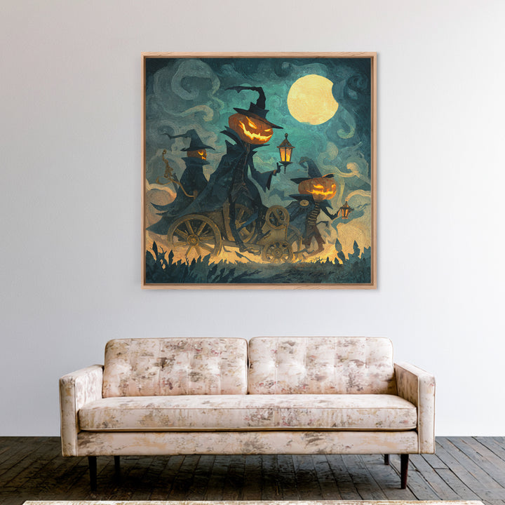 The Clockwork Jack-O-Lantern - Procession Scene, Spooky Wall Decor, Square Wall Art, Framed Canvas Print, Halloween Home Decor