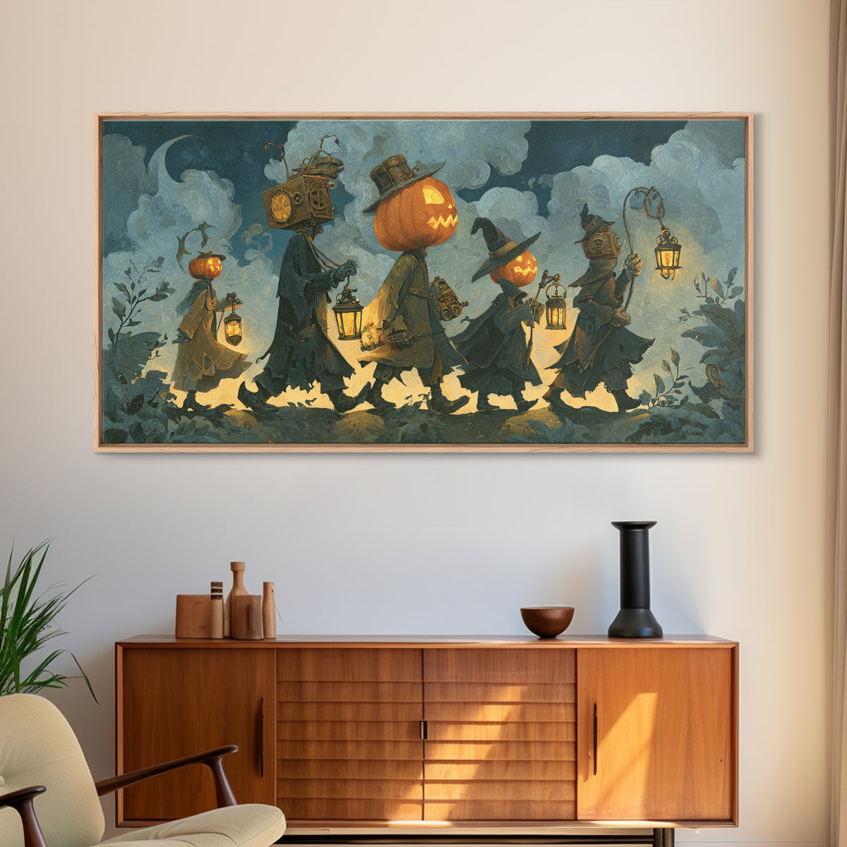 The Clockwork Jack-O-Lantern - Procession Scene, Gothic Home Decor, Wide Panoramic Art, Canvas Print, Halloween Home Decor, Gothic Wall Art