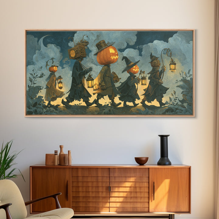 The Clockwork Jack-O-Lantern - Procession Scene, Gothic Home Decor, Wide Panoramic Art, Canvas Print, Halloween Home Decor, Gothic Wall Art