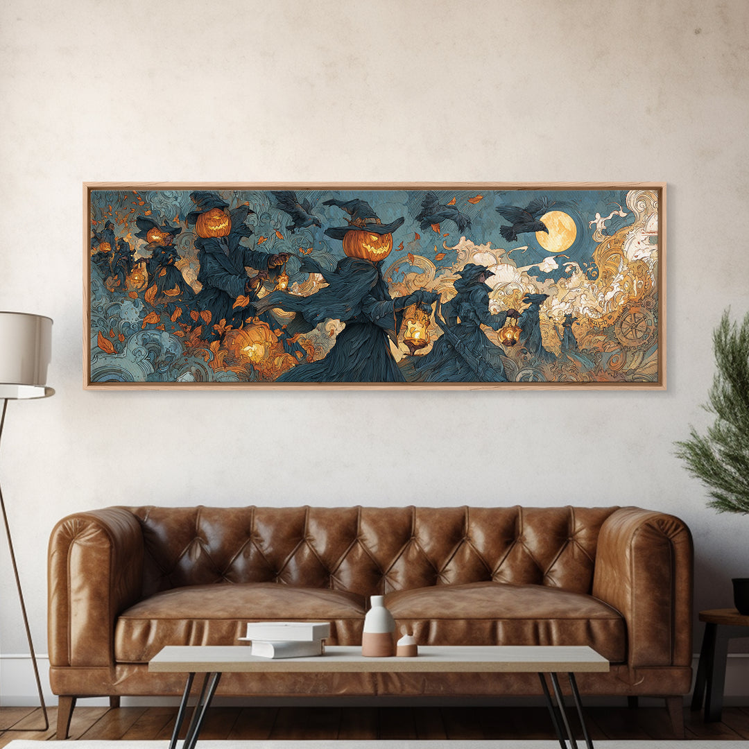 The Clockwork Jack-O-Lantern - Procession Scene, Occult Wall Decor, Extra Wide Wall Art, Canvas Print, Halloween Home Decor, Gothic Wall Art