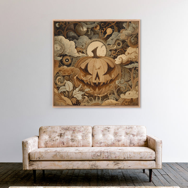 The Clockwork Jack-O-Lantern - Surreal Celestial Vision, Spooky Wall Decor, Square Wall Art, Framed Canvas Print, Halloween Home Decor