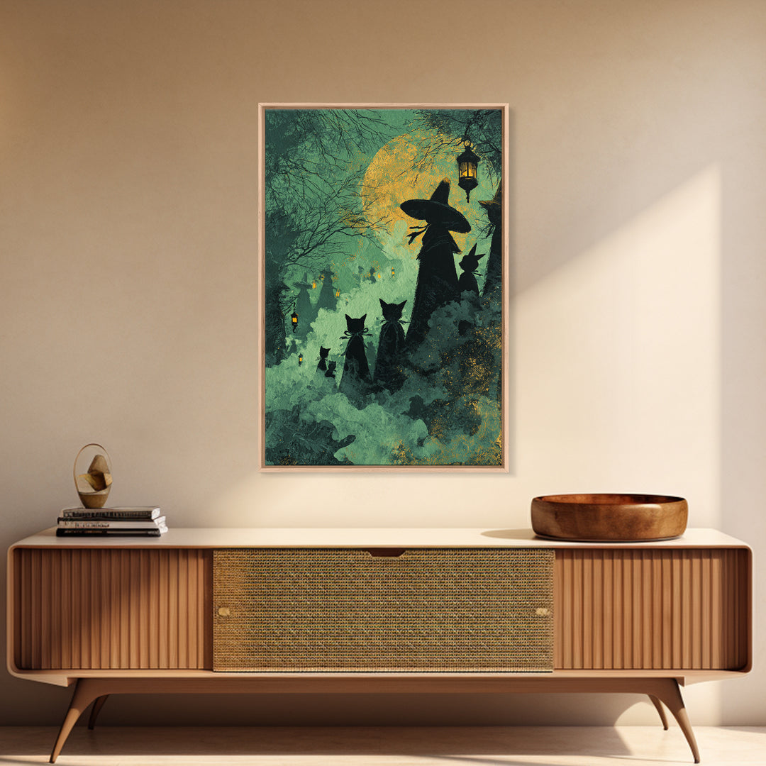 The Moonlit Cat Masquerade - Icon Portrait, Spooky Wall Decor, Vertical Wall Art, Framed Canvas Print, Halloween Home Decor, Gothic Wall Art