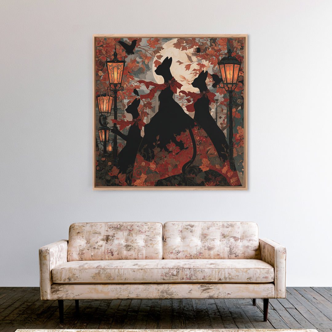 The Moonlit Cat Masquerade - Icon Portrait, Macabre Halloween Art, Square Wall Art, Framed Canvas Print, Halloween Home Decor