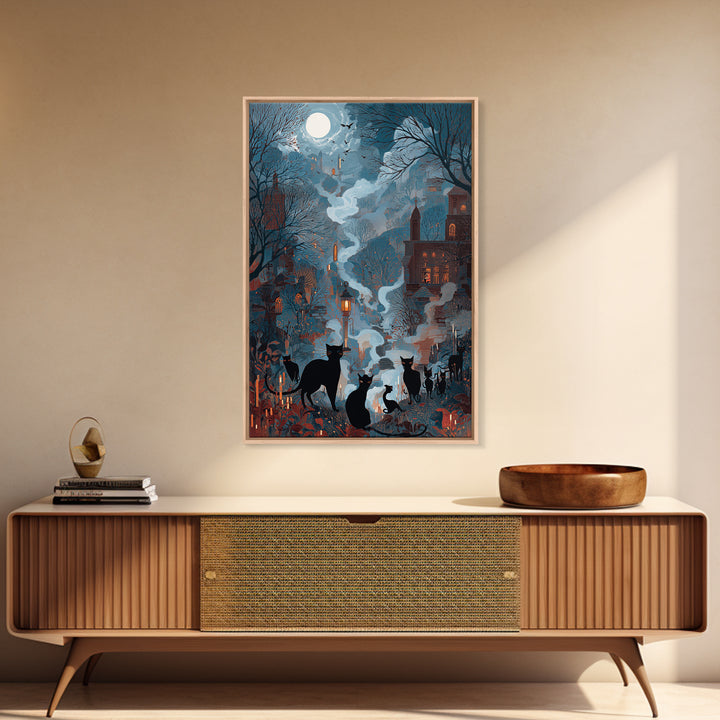 The Moonlit Cat Masquerade - Environmental Panorama, Dark Fantasy Wall Art, Vertical Wall Art, Canvas Print, Halloween Home Decor