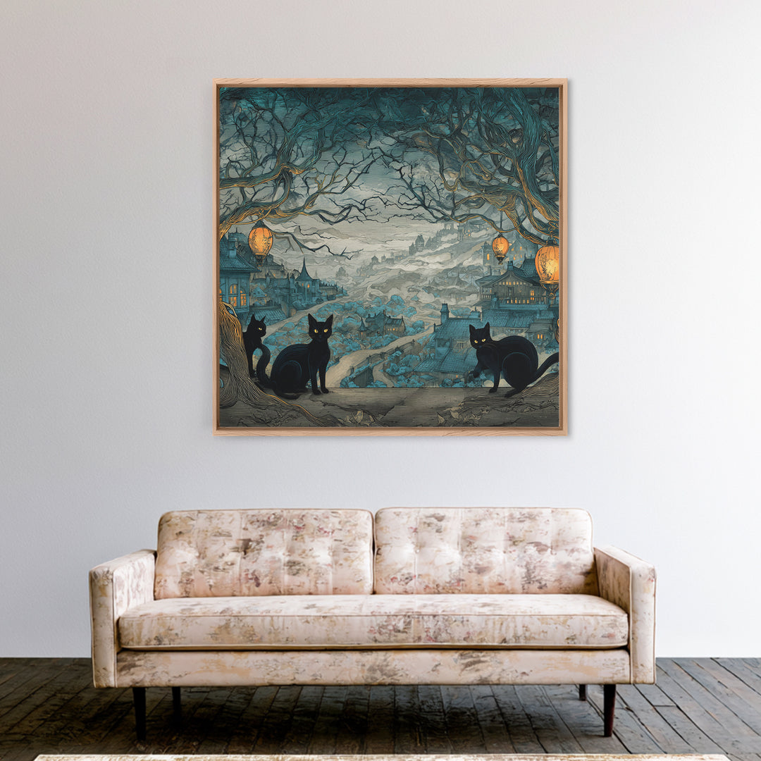 The Moonlit Cat Masquerade - Environmental Panorama, Spooky Wall Decor, Square Wall Art, Framed Canvas Print, Halloween Home Decor