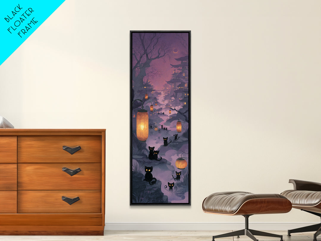 The Moonlit Cat Masquerade - Environmental Panorama, Macabre Halloween Art, Tall Narrow Wall Art, Framed Canvas Print, Halloween Home Decor