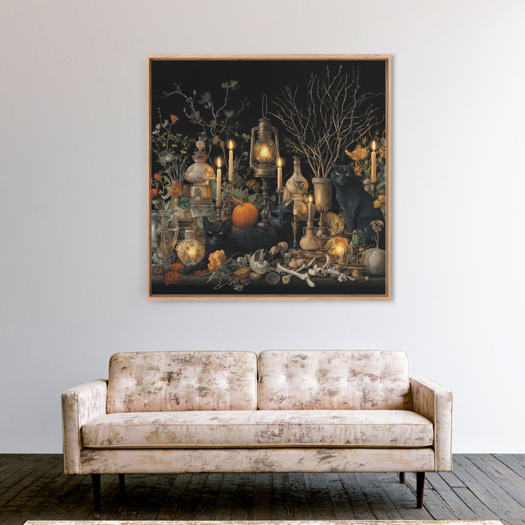 The Moonlit Cat Masquerade - Occult Still Life, Dark Fantasy Wall Art, Square Wall Art, Canvas Print, Halloween Home Decor, Gothic Wall Art