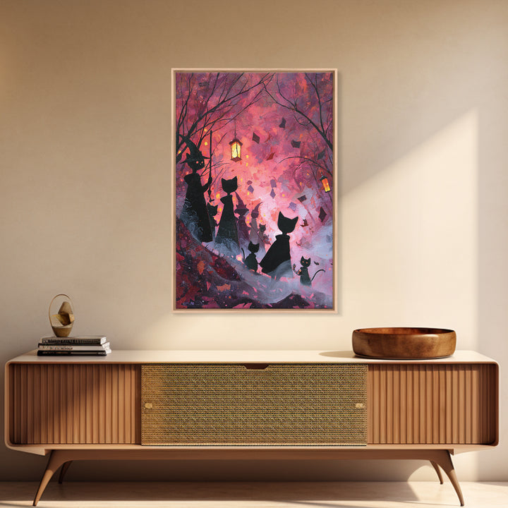 The Moonlit Cat Masquerade - Procession Scene, Macabre Halloween Art, Vertical Wall Art, Framed Canvas Print, Halloween Home Decor
