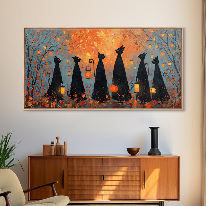 The Moonlit Cat Masquerade - Procession Scene, Spooky Wall Decor, Wide Panoramic Art, Framed Canvas Print, Halloween Home Decor