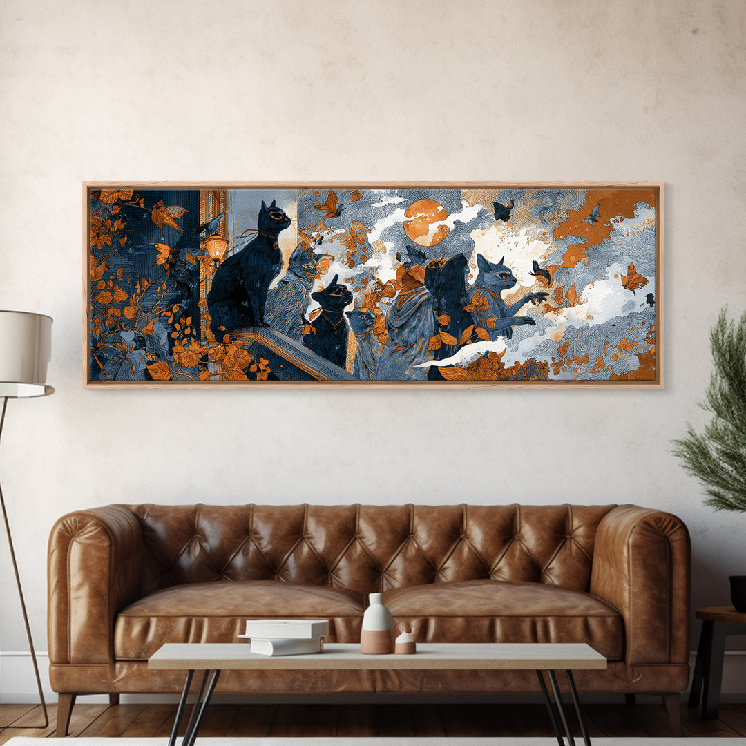 The Moonlit Cat Masquerade - Procession Scene, Halloween Wall Art, Extra Wide Wall Art, Framed Canvas Print, Halloween Home Decor