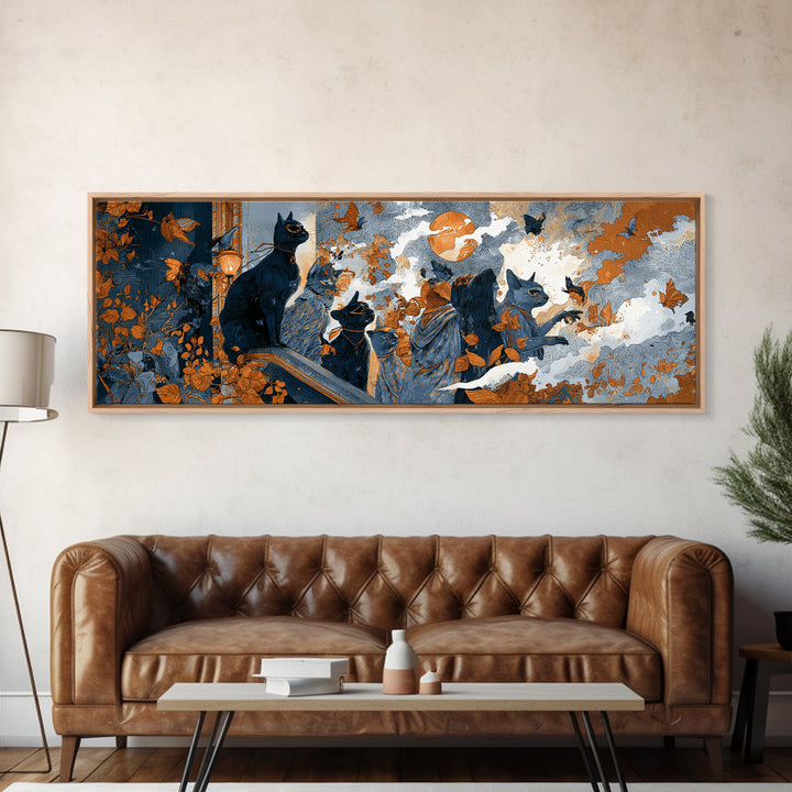 The Moonlit Cat Masquerade - Procession Scene, Halloween Wall Art, Extra Wide Wall Art, Framed Canvas Print, Halloween Home Decor