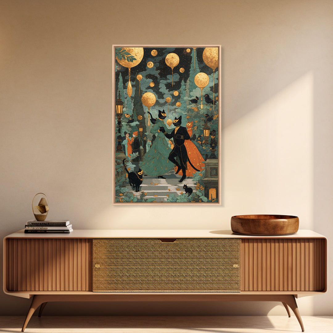 The Moonlit Cat Masquerade - Surreal Celestial Vision, Spooky Wall Decor, Vertical Wall Art, Framed Canvas Print, Halloween Home Decor