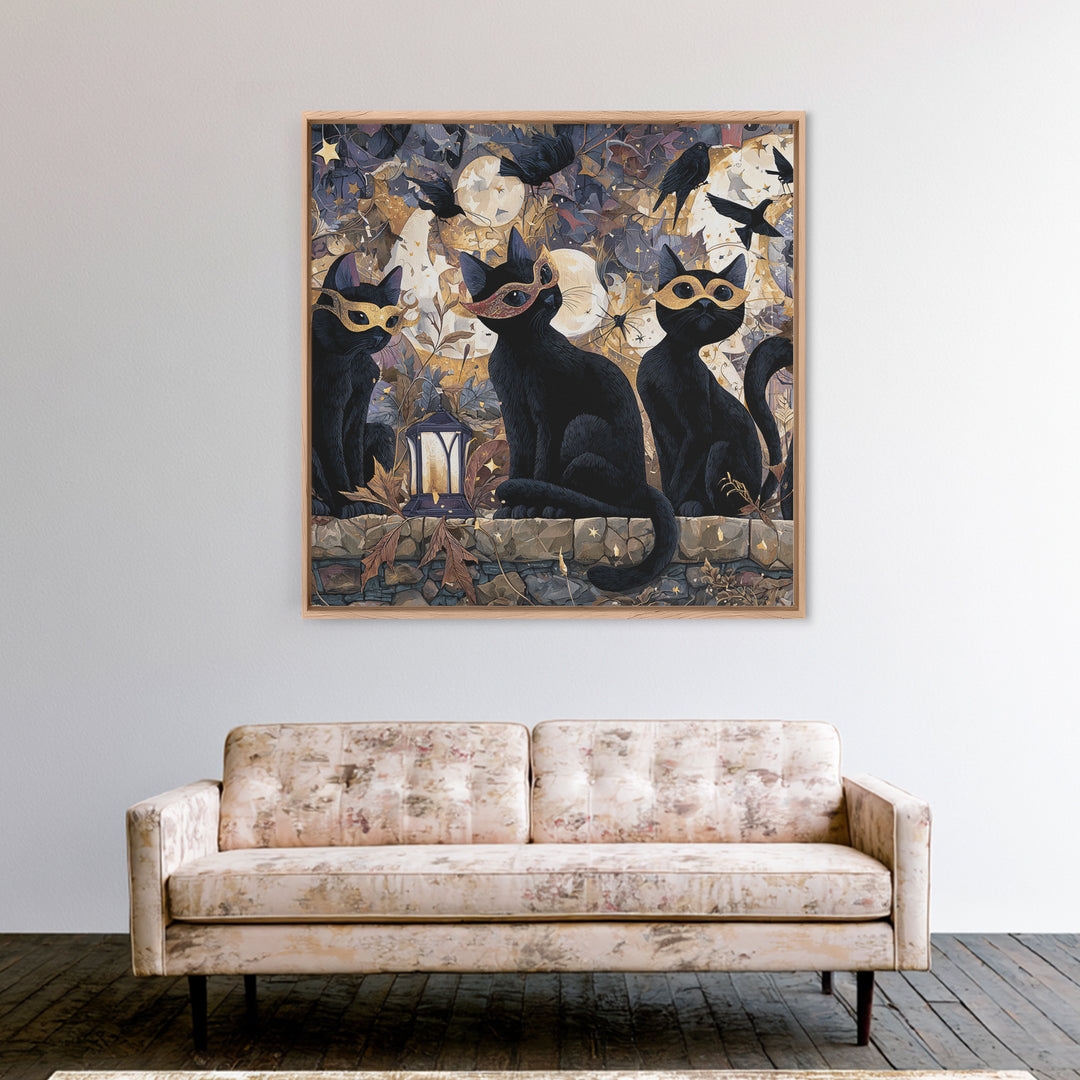 The Moonlit Cat Masquerade - Surreal Celestial Vision, Occult Wall Decor, Square Wall Art, Canvas Print, Halloween Home Decor