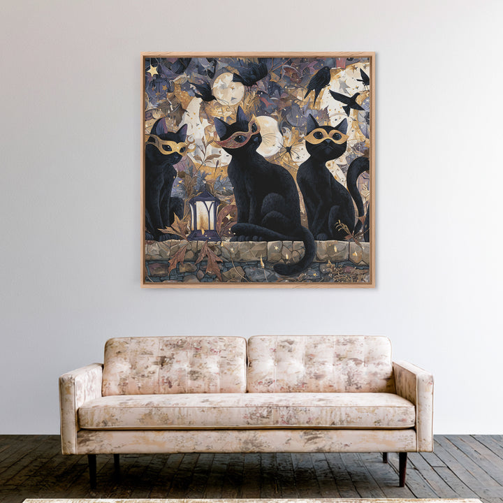 The Moonlit Cat Masquerade - Surreal Celestial Vision, Occult Wall Decor, Square Wall Art, Canvas Print, Halloween Home Decor
