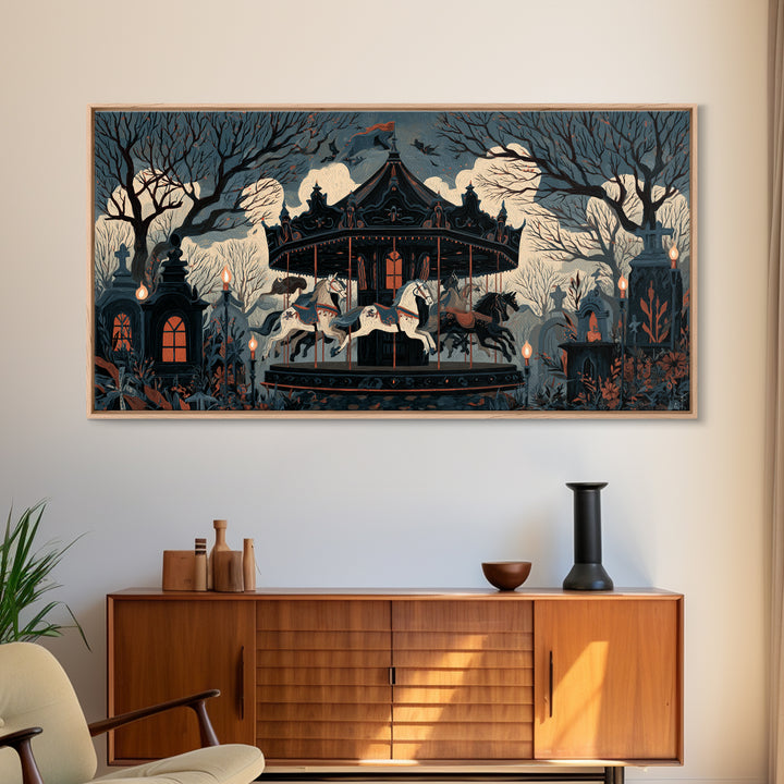 The Graveyard Carousel - Icon Portrait, Occult Wall Decor, Wide Panoramic Art, Canvas Print, Halloween Home Decor, Gothic Wall Art