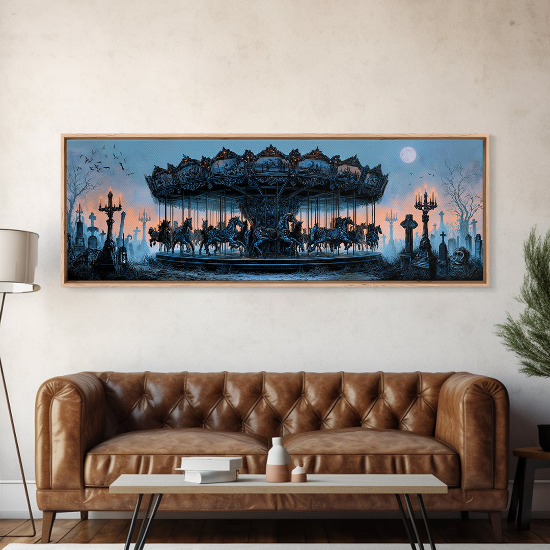 The Graveyard Carousel - Icon Portrait, Dark Fantasy Wall Art, Extra Wide Wall Art, Canvas Print, Halloween Home Decor, Gothic Wall Art