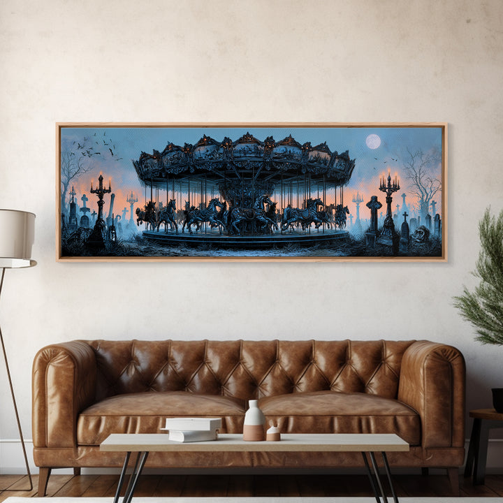 The Graveyard Carousel - Icon Portrait, Dark Fantasy Wall Art, Extra Wide Wall Art, Canvas Print, Halloween Home Decor, Gothic Wall Art