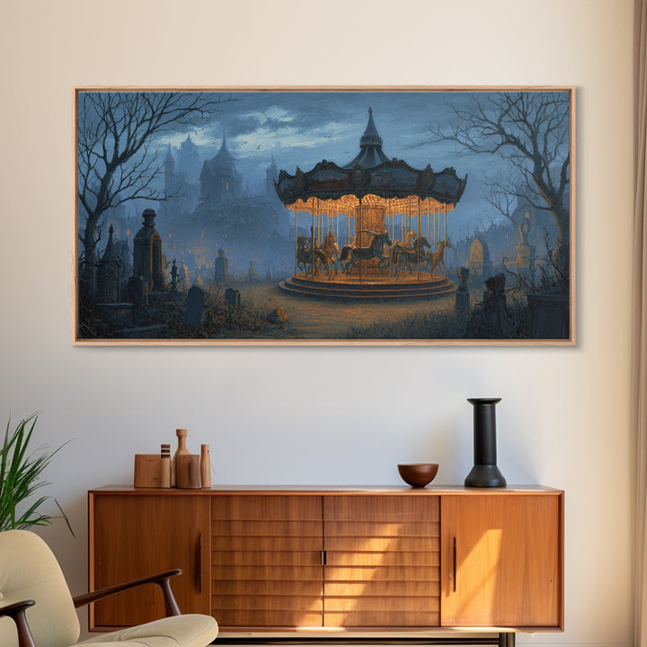 The Graveyard Carousel - Environmental Panorama, Spooky Wall Decor, Wide Panoramic Art, Framed Canvas Print, Halloween Home Decor