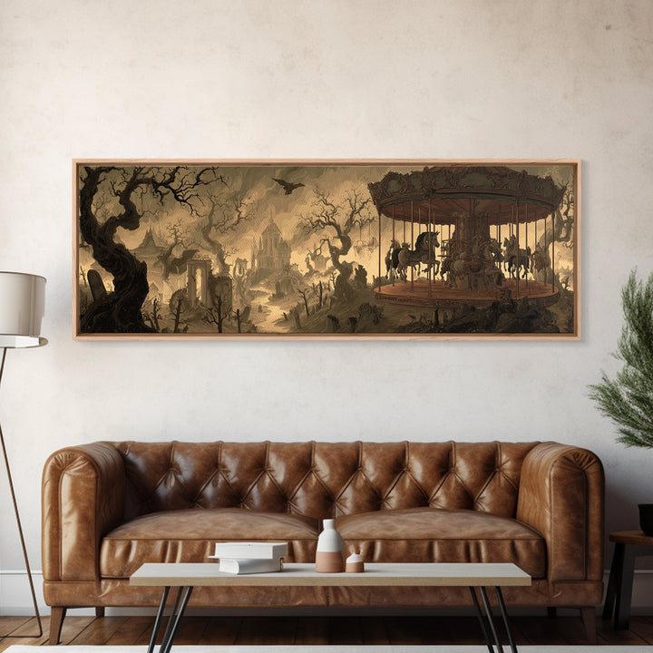 The Graveyard Carousel - Environmental Panorama, Dark Fantasy Wall Art, Extra Wide Wall Art, Canvas Print, Halloween Home Decor