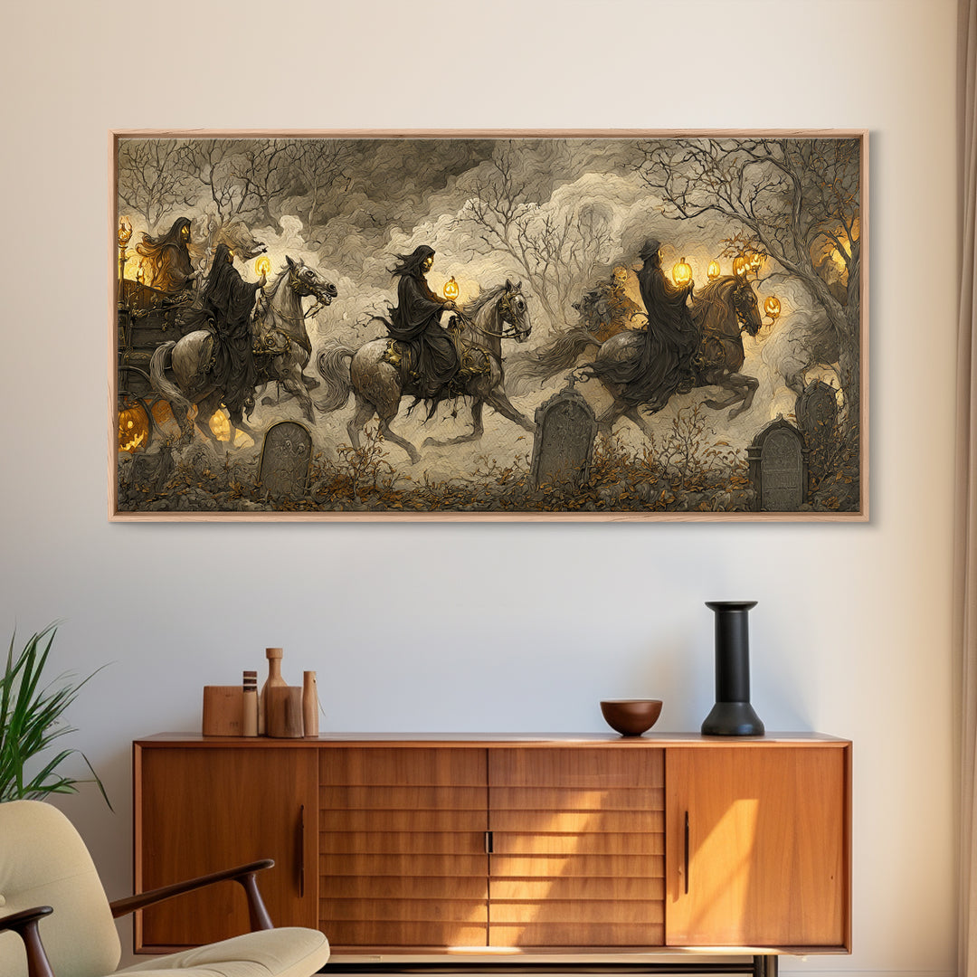 The Graveyard Carousel - Procession Scene, Halloween Wall Art, Wide Panoramic Art, Framed Canvas Print, Halloween Home Decor