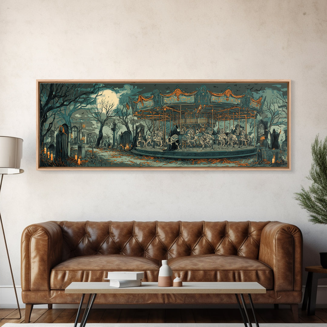 The Graveyard Carousel - Procession Scene, Halloween Wall Art, Extra Wide Wall Art, Framed Canvas Print, Halloween Home Decor