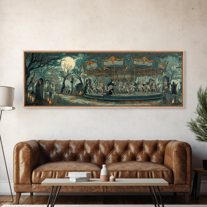 The Graveyard Carousel - Procession Scene, Halloween Wall Art, Extra Wide Wall Art, Framed Canvas Print, Halloween Home Decor