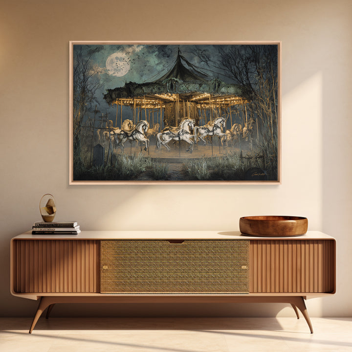 The Graveyard Carousel - Surreal Celestial Vision, Spooky Wall Decor, Landscape Wall Art, Framed Canvas Print, Halloween Home Decor