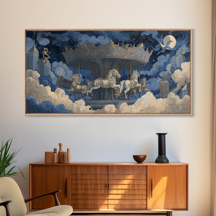 The Graveyard Carousel - Surreal Celestial Vision, Halloween Wall Art, Wide Panoramic Art, Framed Canvas Print, Halloween Home Decor