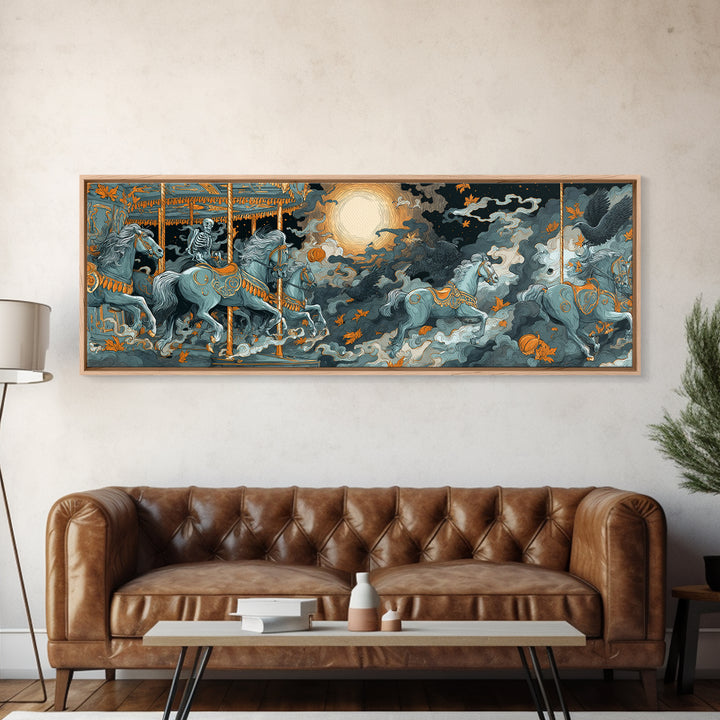 The Graveyard Carousel - Surreal Celestial Vision, Spooky Wall Decor, Extra Wide Wall Art, Framed Canvas Print, Halloween Home Decor