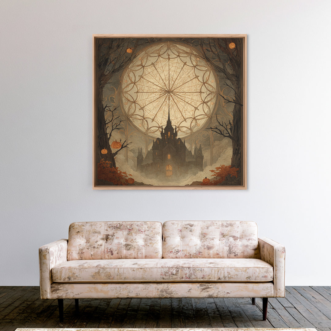 The Spiderweb Cathedral Window - Icon Portrait, Occult Wall Decor, Square Wall Art, Canvas Print, Halloween Home Decor, Gothic Wall Art