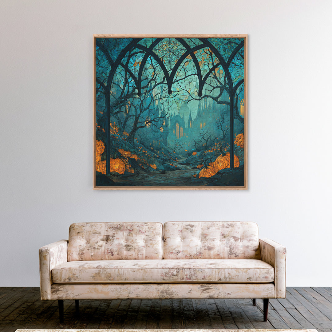 The Spiderweb Cathedral Window - Environmental Panorama, Halloween Wall Art, Square Wall Art, Framed Canvas Print, Halloween Home Decor