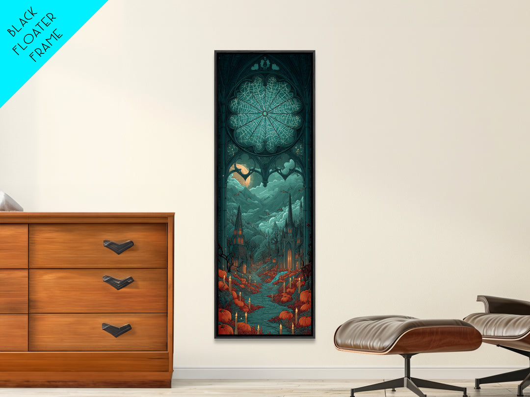 The Spiderweb Cathedral Window - Environmental Panorama, Spooky Wall Decor, Tall Narrow Wall Art, Framed Canvas Print, Halloween Home Decor