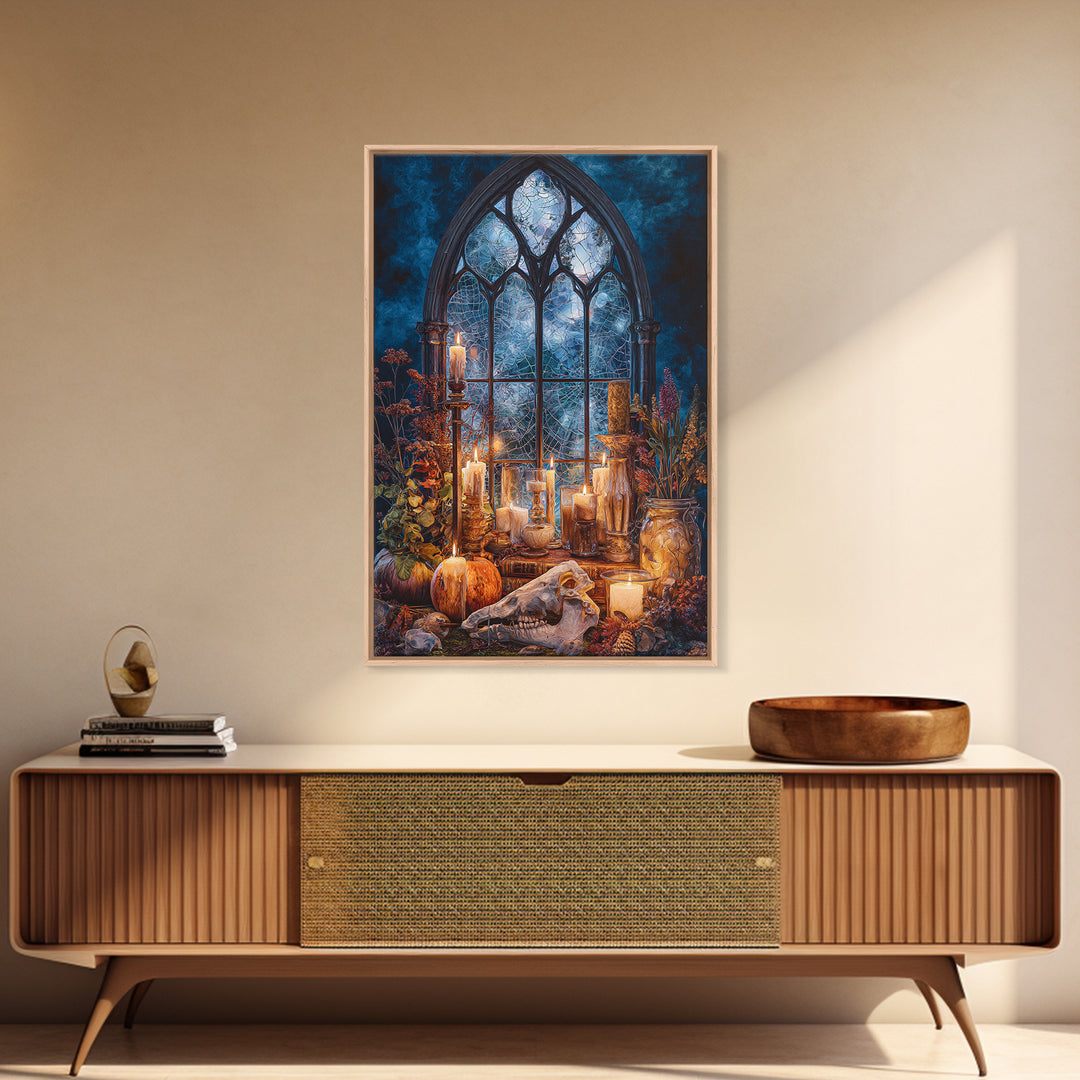 The Spiderweb Cathedral Window - Occult Still Life, Dark Fantasy Wall Art, Vertical Wall Art, Canvas Print, Halloween Home Decor