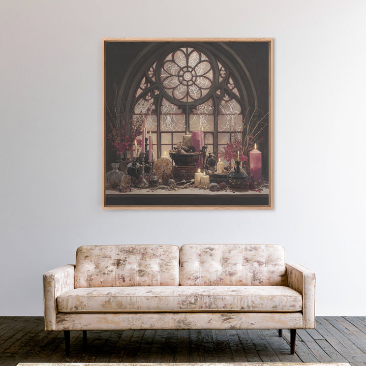 The Spiderweb Cathedral Window - Occult Still Life, Spooky Wall Decor, Square Wall Art, Framed Canvas Print, Halloween Home Decor