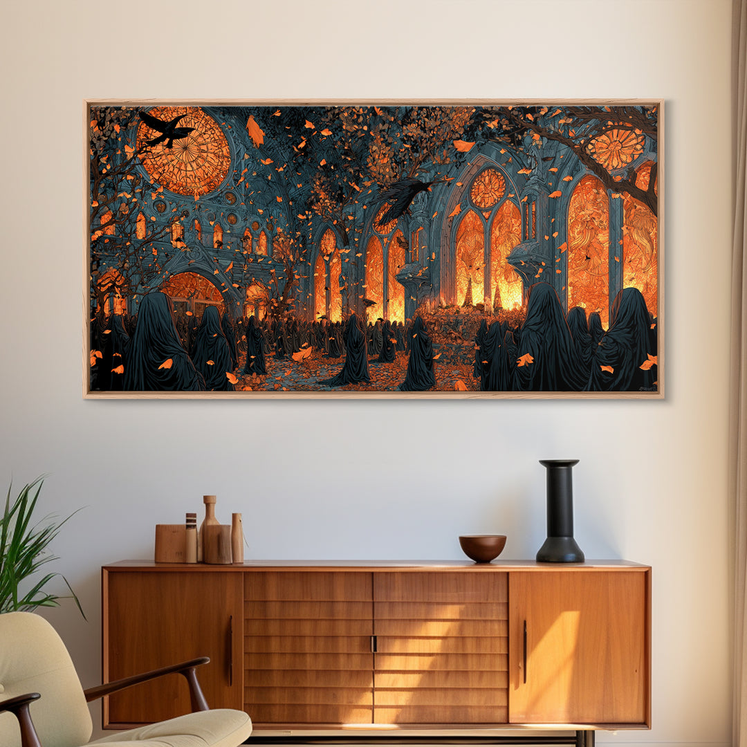 The Spiderweb Cathedral Window - Procession Scene, Occult Wall Decor, Wide Panoramic Art, Canvas Print, Halloween Home Decor