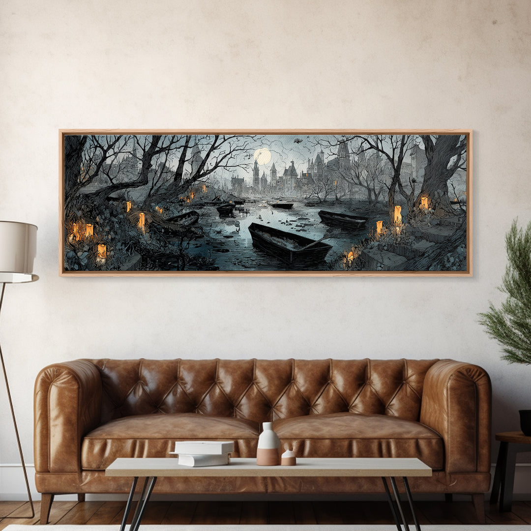 The Floating Coffin Garden - Environmental Panorama, Dark Fantasy Wall Art, Extra Wide Wall Art, Canvas Print, Halloween Home Decor