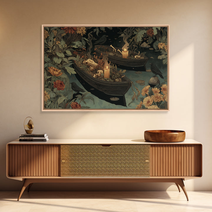 The Floating Coffin Garden - Occult Still Life, Spooky Wall Decor, Landscape Wall Art, Framed Canvas Print, Halloween Home Decor