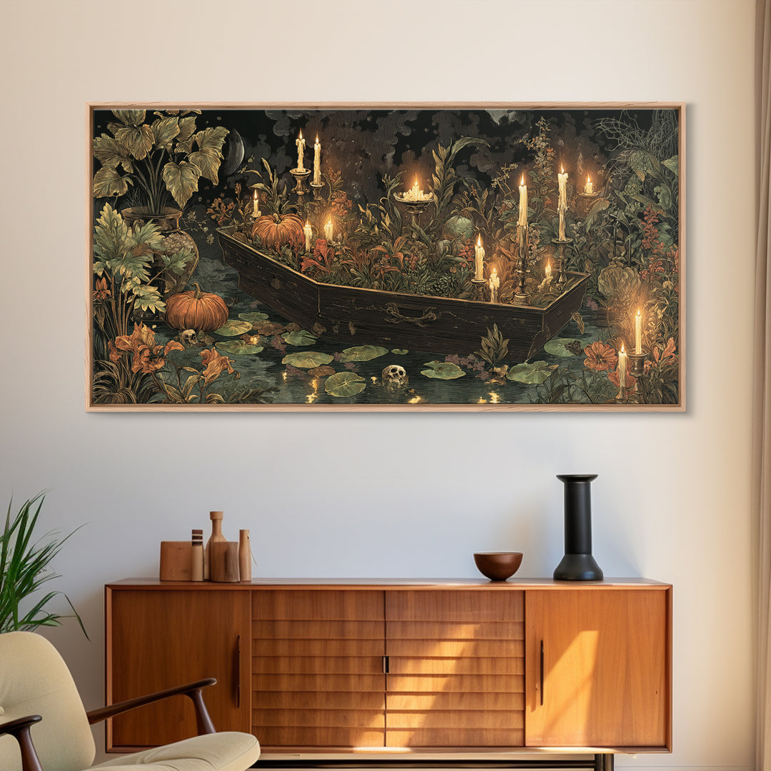The Floating Coffin Garden - Occult Still Life, Spooky Wall Decor, Wide Panoramic Art, Framed Canvas Print, Halloween Home Decor