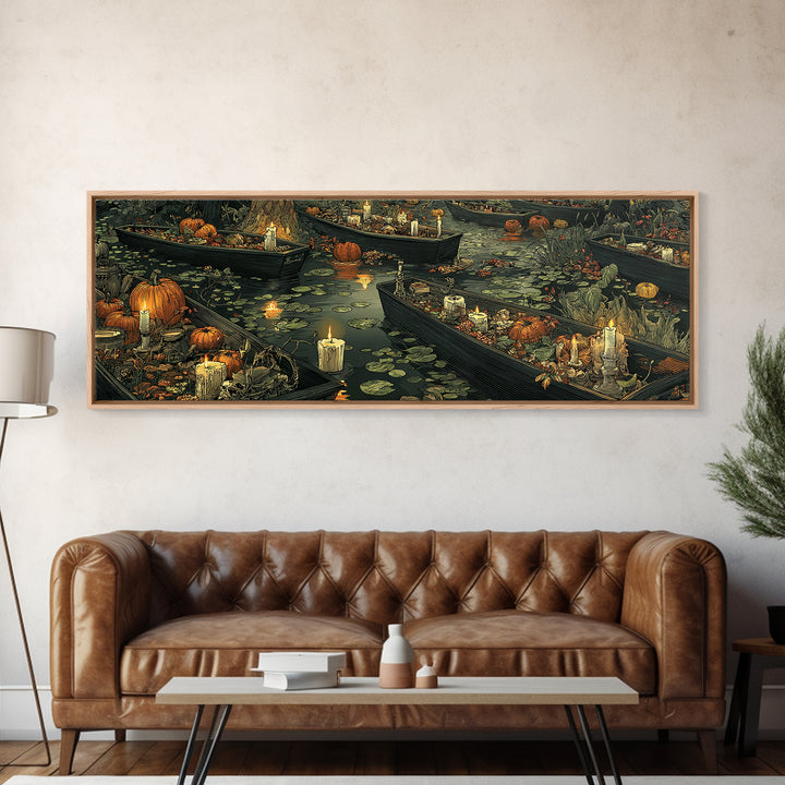 The Floating Coffin Garden - Occult Still Life, Spooky Wall Decor, Extra Wide Wall Art, Framed Canvas Print, Halloween Home Decor