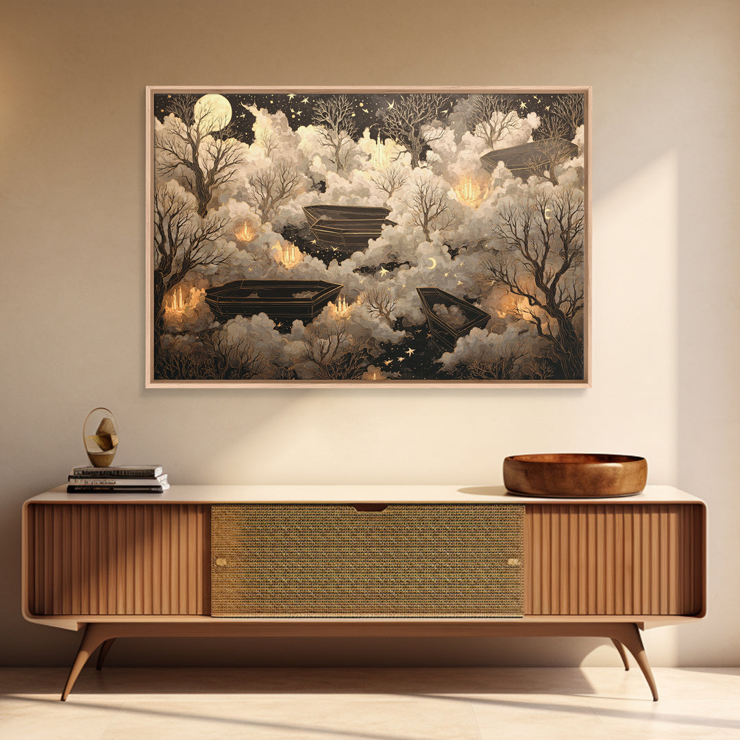 The Floating Coffin Garden - Surreal Celestial Vision, Macabre Halloween Art, Landscape Wall Art, Framed Canvas Print, Halloween Home Decor