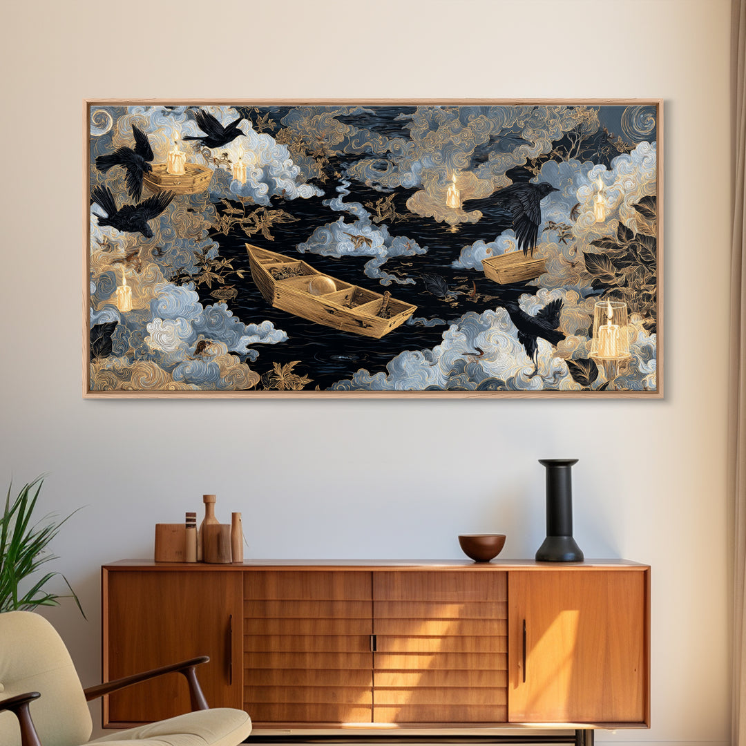 The Floating Coffin Garden - Surreal Celestial Vision, Halloween Wall Art, Wide Panoramic Art, Framed Canvas Print, Halloween Home Decor