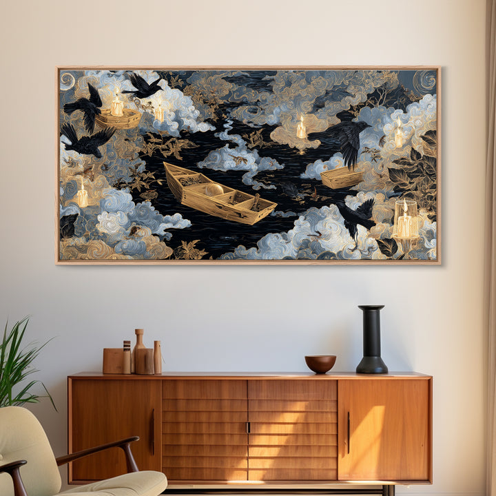 The Floating Coffin Garden - Surreal Celestial Vision, Halloween Wall Art, Wide Panoramic Art, Framed Canvas Print, Halloween Home Decor